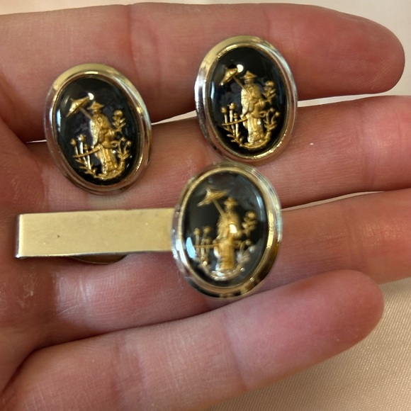 Parkway Damascene cuff links and tie clip- vintage - Picture 2 of 10